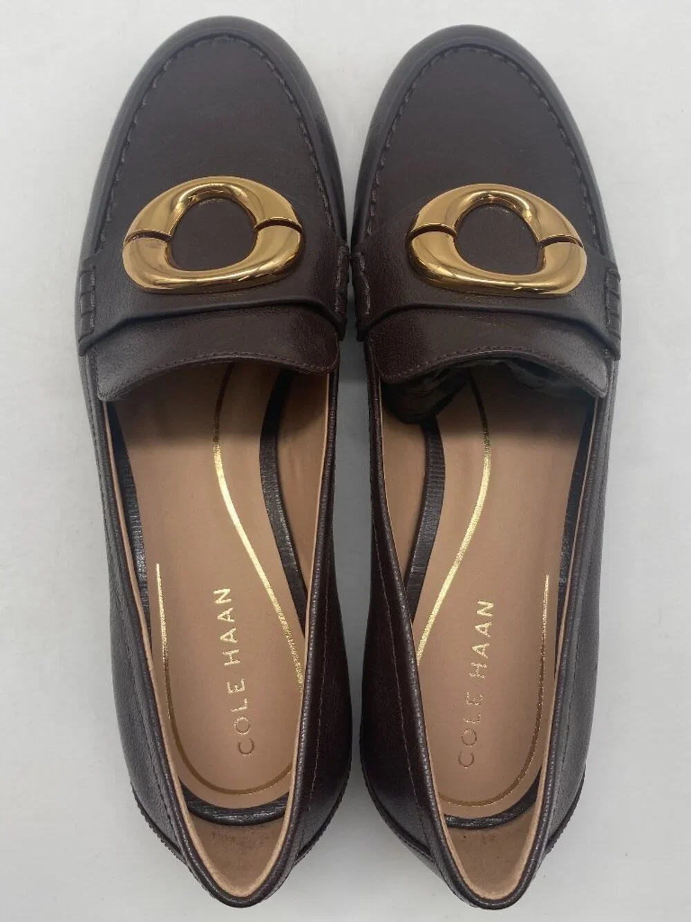 COLE HAAN BROWN LETAHER BALLET FLATS WITH GOLD CIRCLE HARDWARE